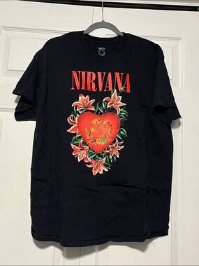 NIRVANA Black Tee with Red Floral Heart Graphic
